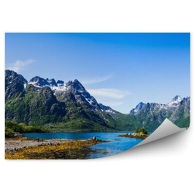 Fototapet pentru perete Panorama Munților Iarnă Zăpadă Verde Clădire Câine Lac