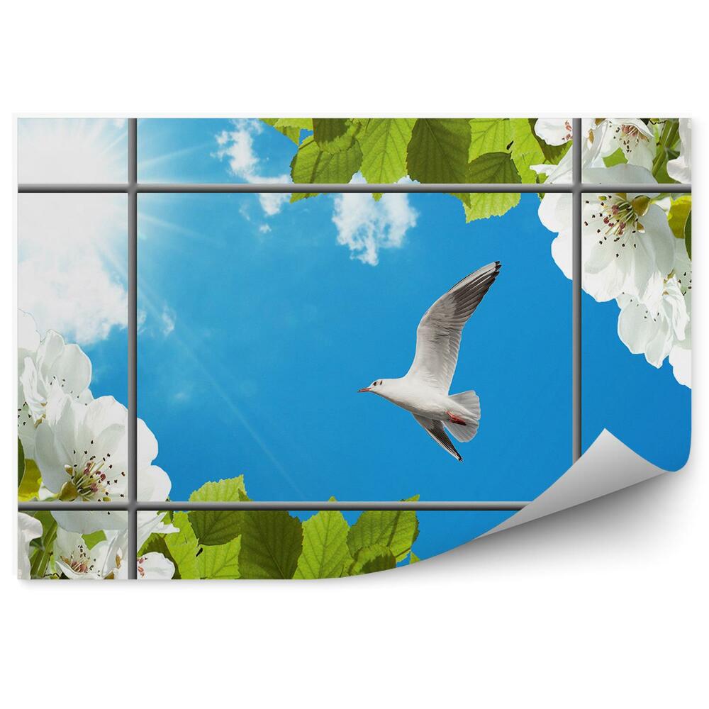 Decor fototapet Alb pasăre albă înflorire copac albastru cer