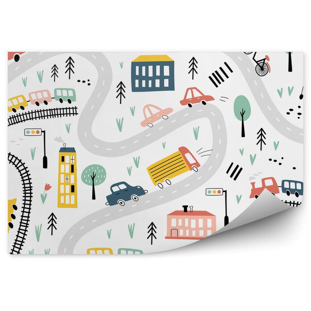 Fototapet pentru perete Oraș tren vagoane clădiri grafică pentru un băiat