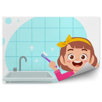 Fototapet perete Fetiță în baie se spală pe dinți pentru igienă
