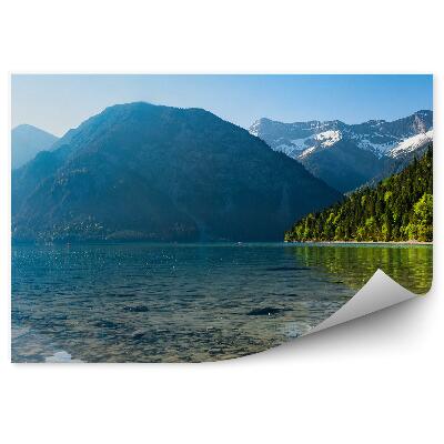 Fototapet perete Panoramă De Munți, Casă, Verde, Copaci, Lac, Stânci, Cer