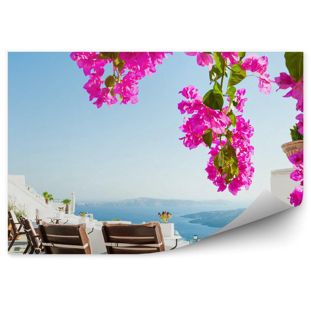 Decor fototapet Flori Frumoase De Terasă Cu Vedere La Insula Santorini