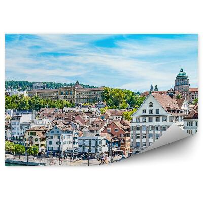 Fototapet Clădiri Pod Râu Biserică Cer Nori Zurich