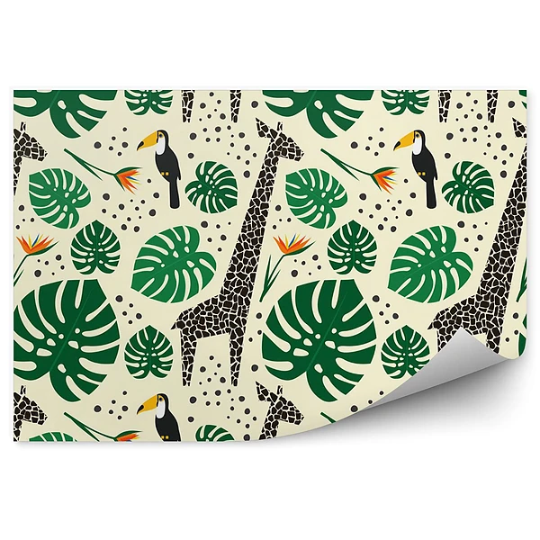 Fototapet perete Toucans, giraffes and palm leaves seamless pattern on white background