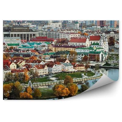 Fototapet pentru perete Panoramă A Orașului Minsk, Clădiri, Copaci, Poduri, Mașini, Apus