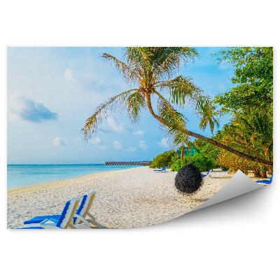 Decor fototapet Sezlonguri De Plaja, Vara, Palmieri, Apa Albastra