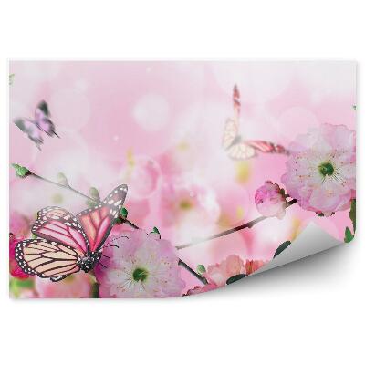 Decor fototapet Flori roz fluturi colorați fundal puncte albe