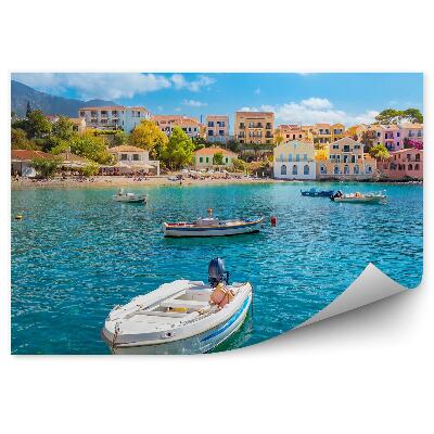 Fototapet Clădiri Colorate Copaci Bărci Cer Nori Ocean Insula Kefalonia