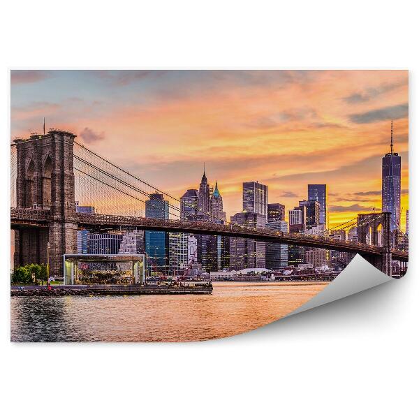 Fototapet Podul Brooklyn Zgârie-Nori Râu Apus De Soare New York Copaci Nori