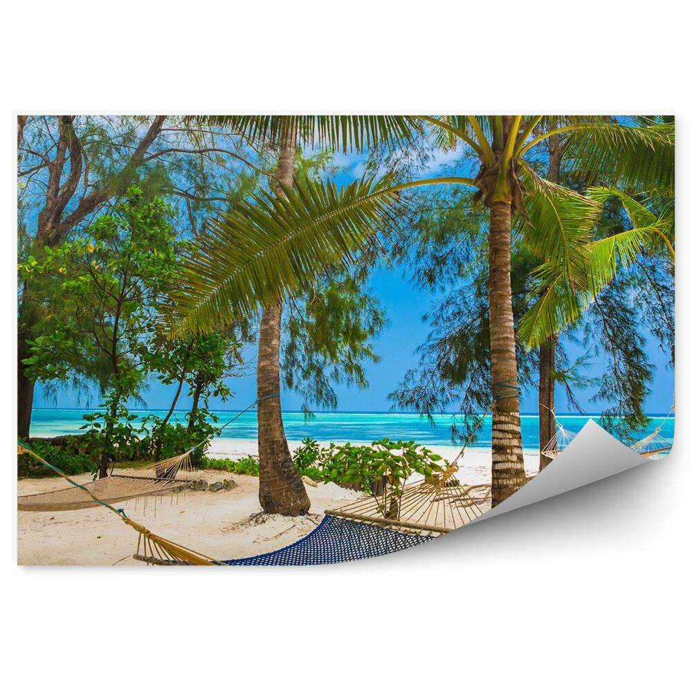 Fototapet vintage Hamace Plajă Palmieri Ocean Tufe Tanzania