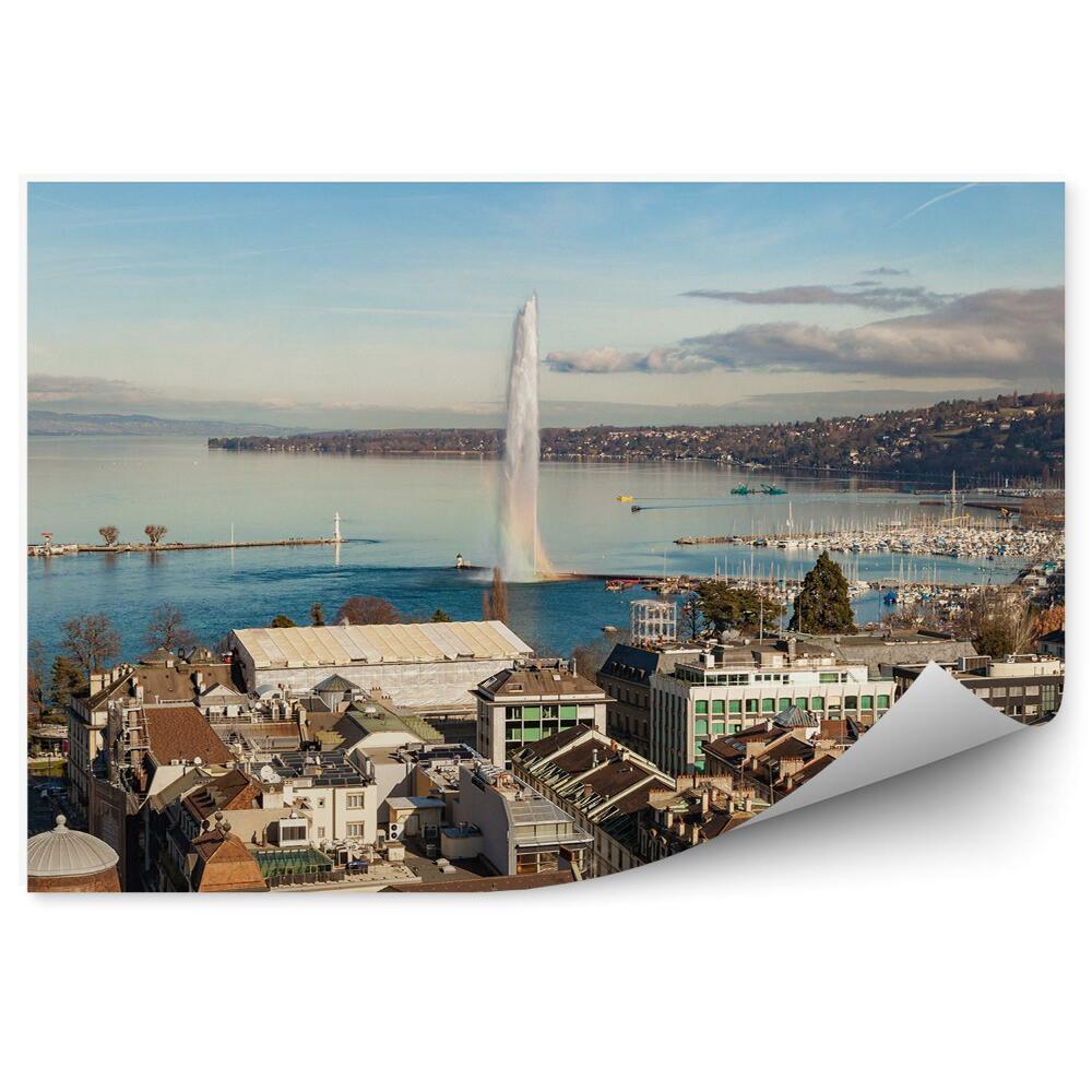 Fototapet Clădiri Nave Fântână Apă Curcubeu Geneva Cer Nori