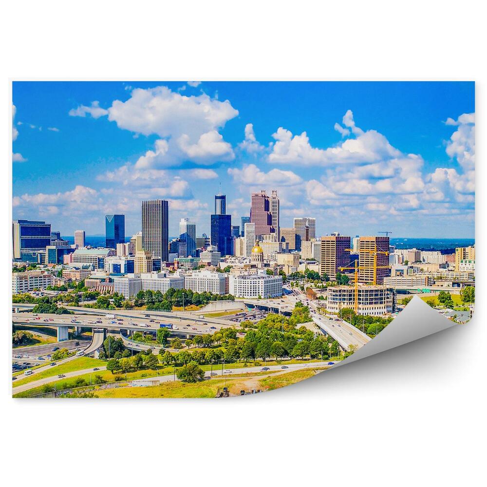 Fototapet pentru perete Oraș Panoramă Zgârie-Nori Drum Mașini Iarbă Copaci Cer Nori Atlanta Georgia