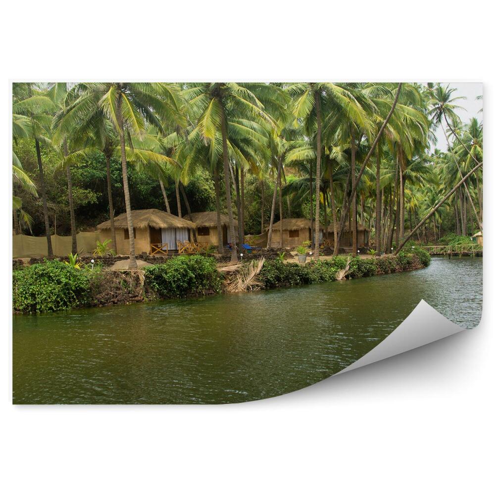 Fototapet perete Cabane De-A Lungul Râului Cu Palmieri Și Pod De Lemn