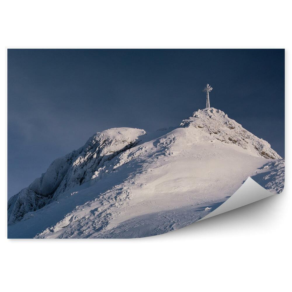 Decor fototapet Vârful Giewont, Iarnă, Zăpadă, Cer, Munții Tatra, Cruce