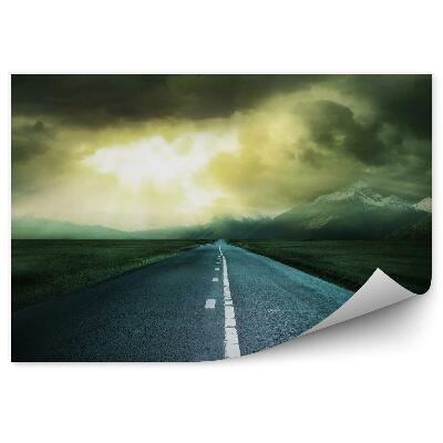 Fototapet vintage Drum Iarbă Munți Zăpadă Iarnă Apus De Soare