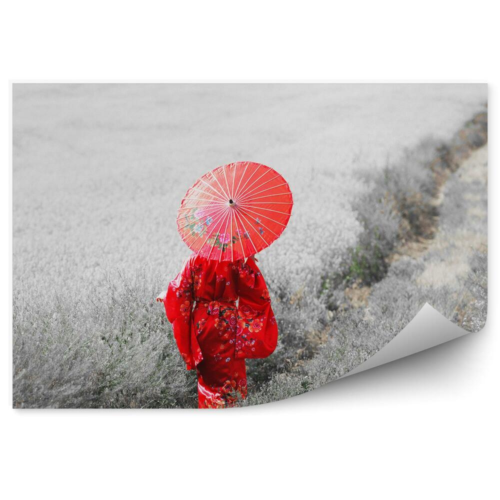 Fototapet pentru perete Femeie în kimono cu umbrelă pe calea câmpului