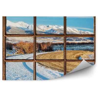 Decor fototapet Zăpadă de iarnă vârfuri de munte drum rutier vedere de la fereastră