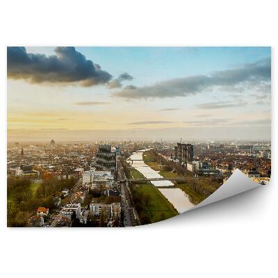 Fototapet perete Clădiri Copaci Râu Apus De Soare Panorama Oraș Mannheim