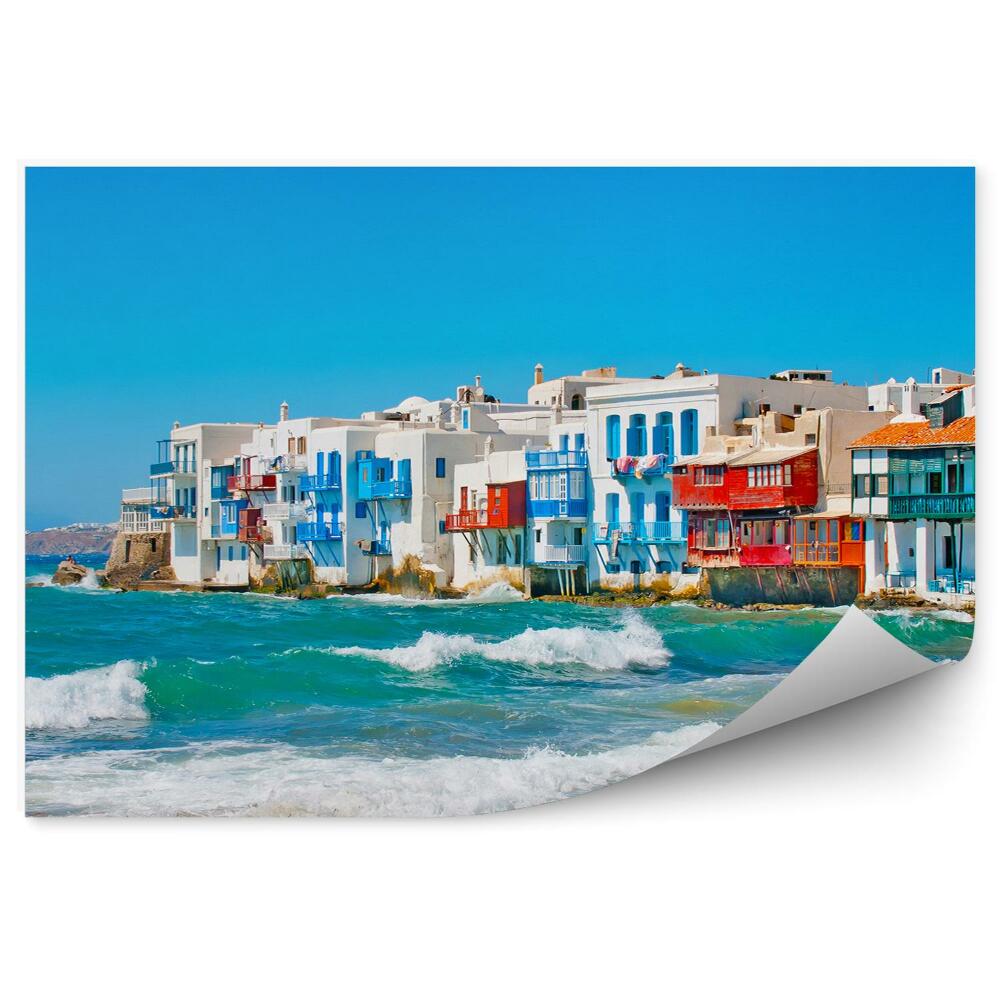 Fototapet perete Vedere din Mykonos asupra caselor cu arhitectură cu valuri