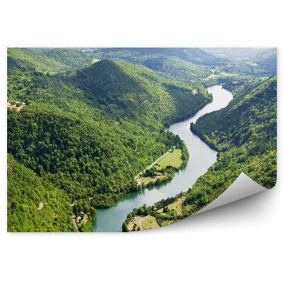 Decor fototapet Râu Verde Munți Copaci Drum Case Cer