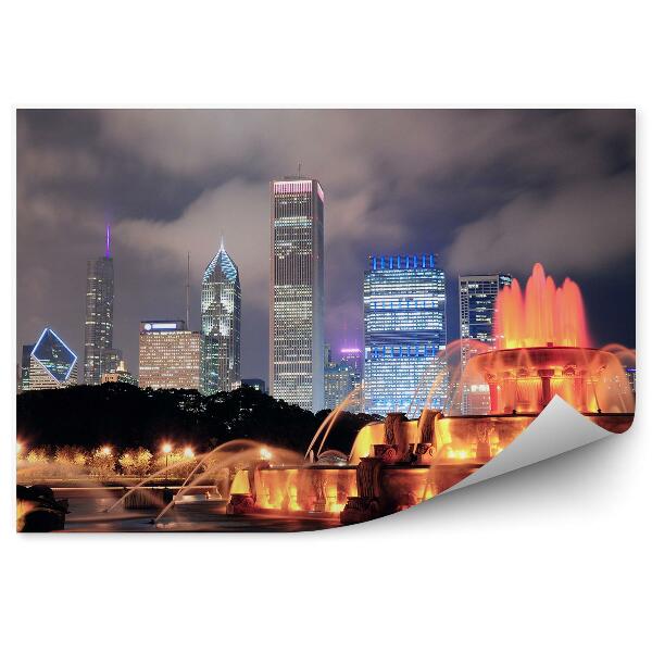 Fototapet vintage Fântână Colorată Copaci Zgârie-Nori Lumini Noapte Chicago