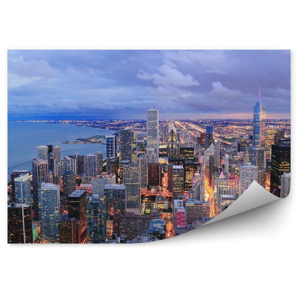 Fototapet perete Chicago Noapte Panorama Zgârie-Nori Lumini Ocean Cer Nori