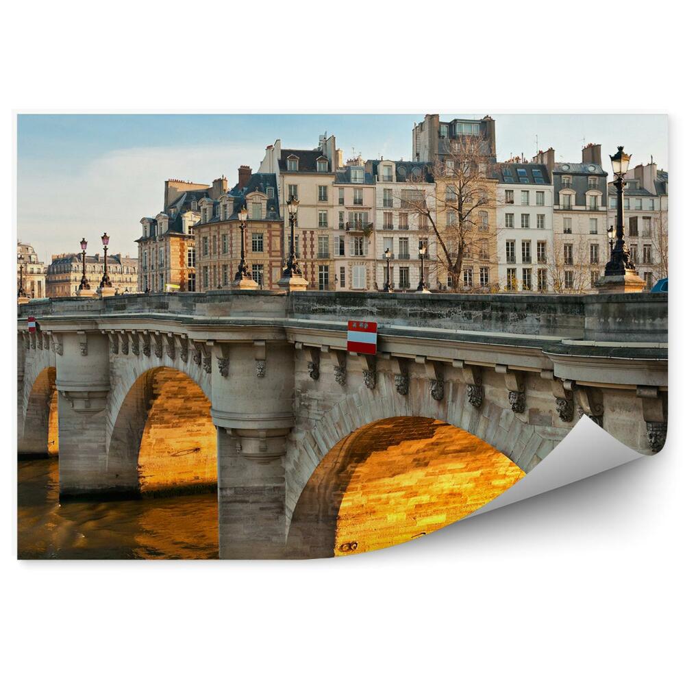 Fototapet vintage Poduri Frumoase Clădiri Cer Râu Sena Lămpi Mașini