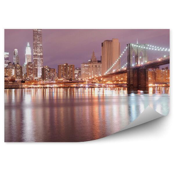 Fototapet vintage Podul Brooklyn Zgârie-Nori Luminează Noaptea Râului New York