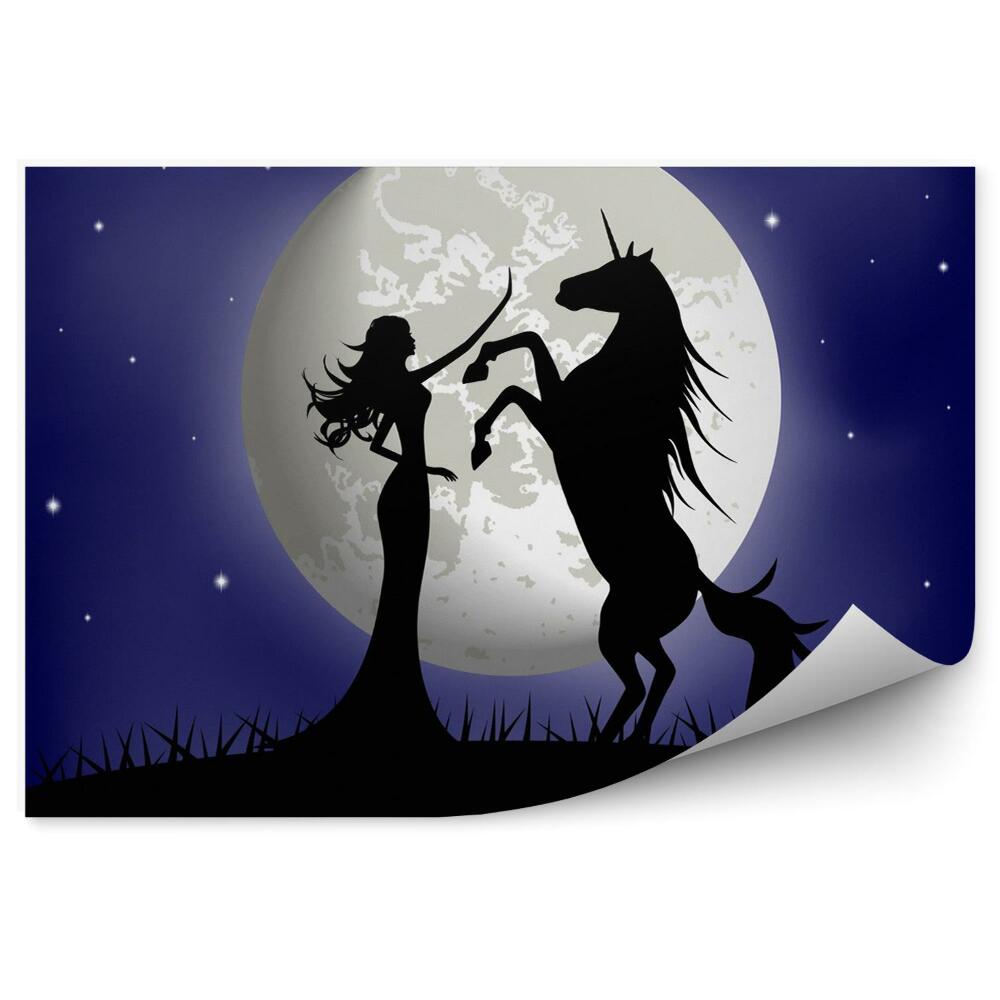 Fototapet vintage Siluetă A Unei Fete Frumoase Și A Unui Unicorn Pe Fundalul Lunii