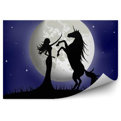Fototapet vintage Siluetă A Unei Fete Frumoase Și A Unui Unicorn Pe Fundalul Lunii