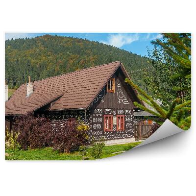 Fototapet perete Case De Lemn Pictate Cer Nori Munti Natura Conifere