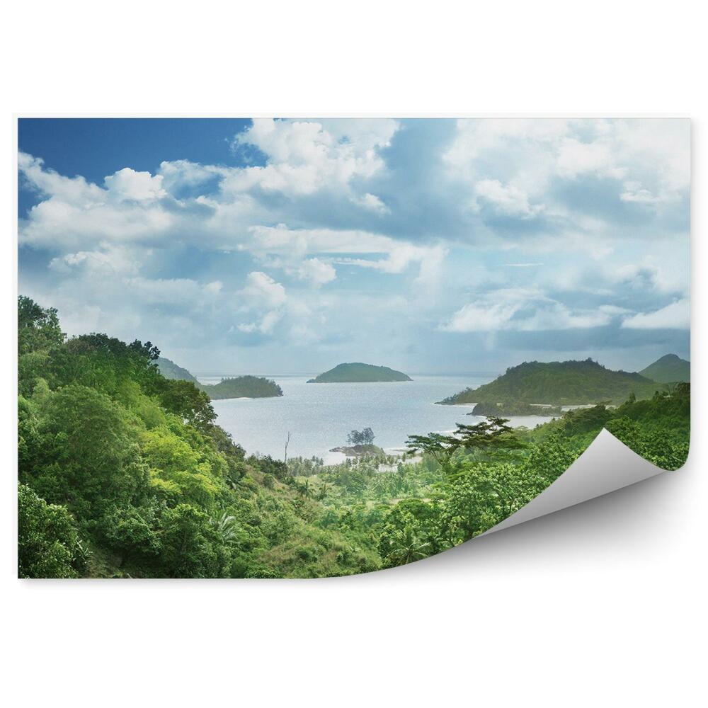 Fototapet vintage Junglă Ocean Stânci Cer Nori Seychelles