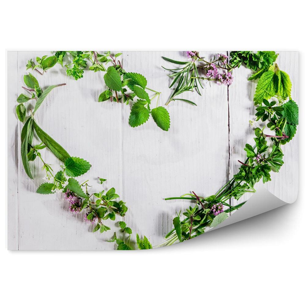 Fototapet vintage Ierburi compoziție inimă lemn alb