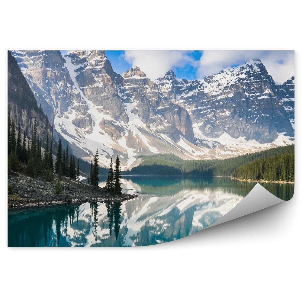 Fototapet vintage Munții Canada Zăpadă Iarnă Copaci Conifere Stânci Lac Munte Cer Nori