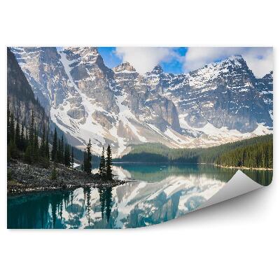 Fototapet vintage Munții Canada Zăpadă Iarnă Copaci Conifere Stânci Lac Munte Cer Nori