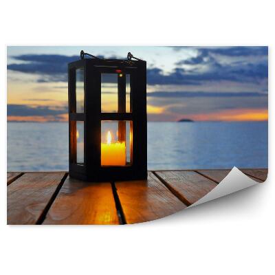 Fototapet vintage Terasa Din Lemn Lanterna Lumanare Ocean Mare Apus De Soare