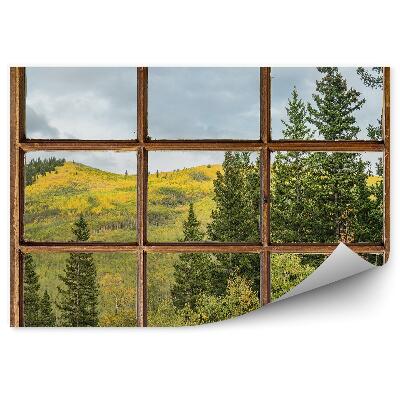 Decor fototapet Pomul de Crăciun munți vegetație verde în spatele ferestrei