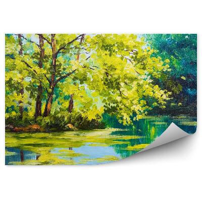 Fototapet vintage Pictură În Ulei Cu Cerul Arborelui Lacului