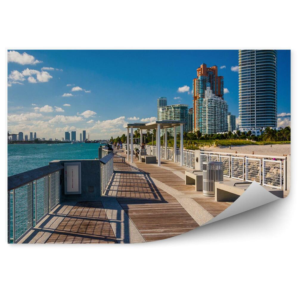 Fototapet vintage Zgârie-Nori Copaci Oameni Plajă Dig Zgârie-Nori Ocean Cer Nori