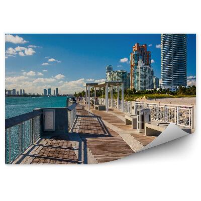 Fototapet vintage Zgârie-Nori Copaci Oameni Plajă Dig Zgârie-Nori Ocean Cer Nori