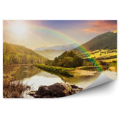 Fototapet Munți Pădure Copaci Râu Curcubeu Apus De Soare Cer Nori Natura