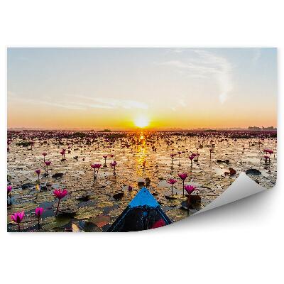 Decor fototapet Barcă pe lac cu nuferi și apus de soare