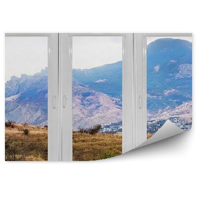 Fototapet vintage Fereastră cu vedere de munți dealuri plante