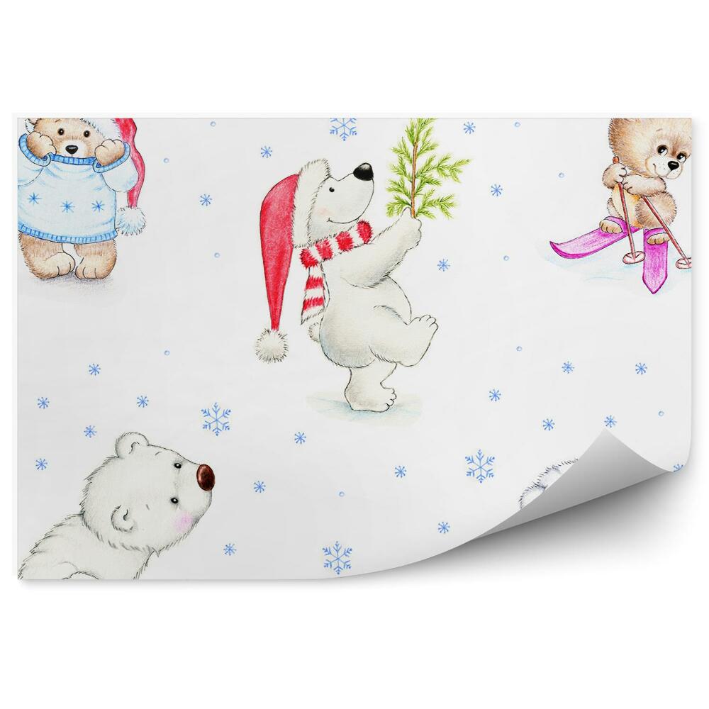 Fototapet perete Mos Craciun ursuleti schiuri iarna brad de Craciun
