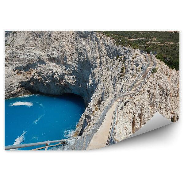 Fototapet pentru perete Stânci Scări Copaci Ocean Valuri Lefkas Cer Nori