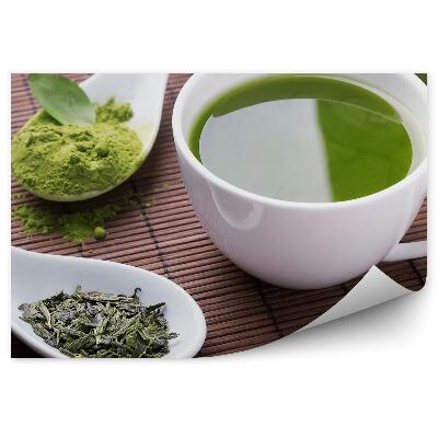 Decor fototapet Pudră de ceai verde, frunze uscate, ceașcă