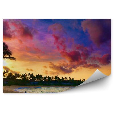 Fototapet pentru perete Apus De Soare Palmieri Case Copaci Ocean Plajă Cer