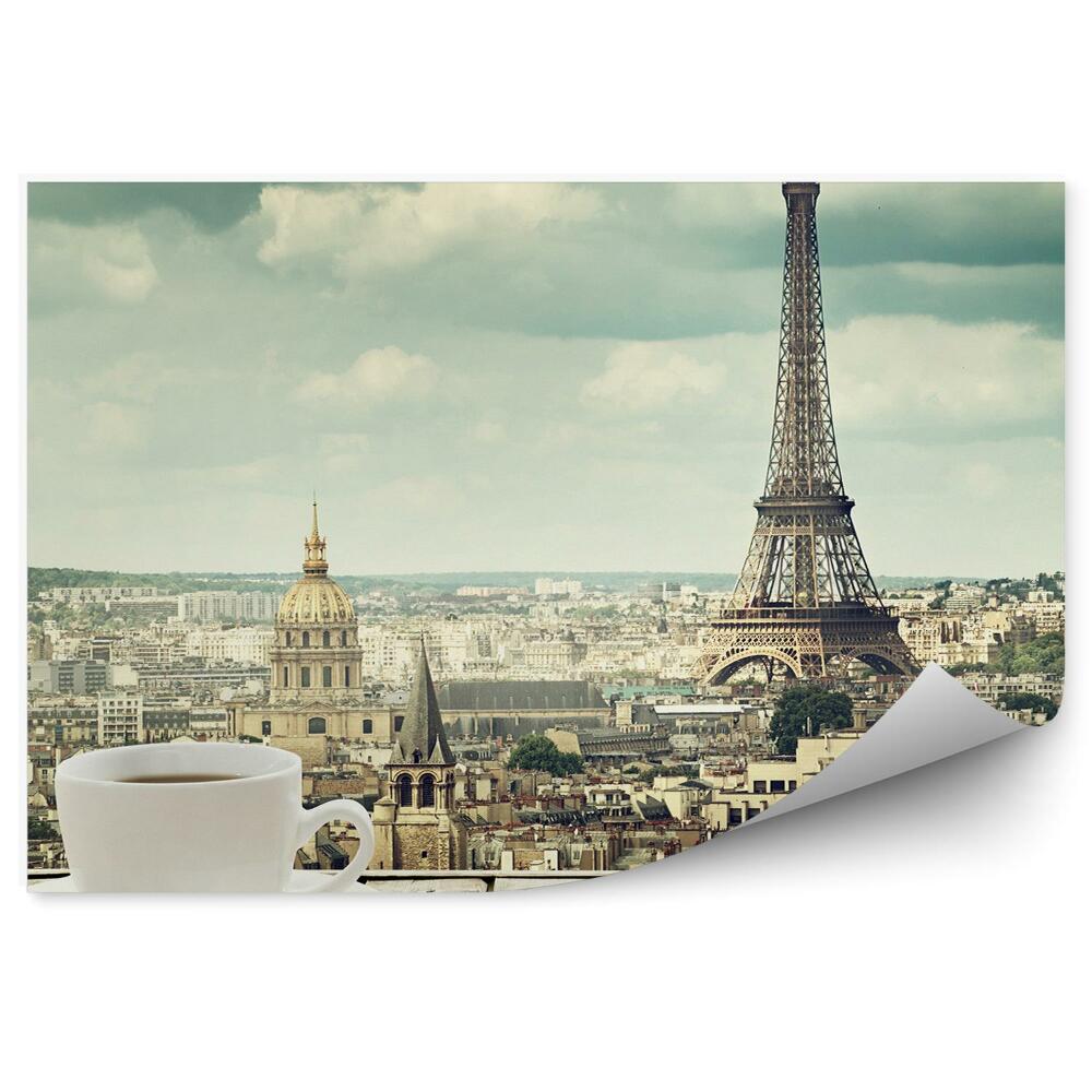 Fototapet perete ceașcă albă, farfurie, cafea neagră, Paris, Turnul Eiffel, oraș