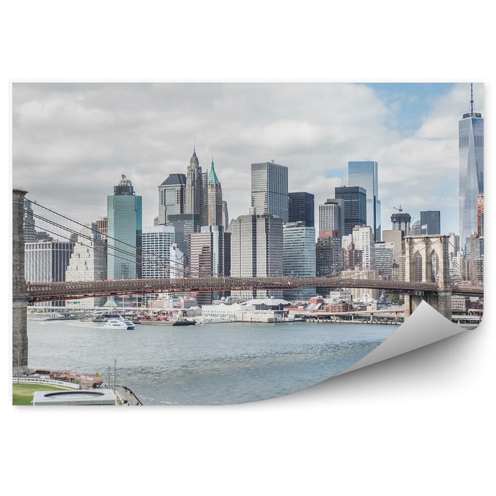 Fototapet Podul Brooklyn Zgârie-Nori Cer Nori Râu Oameni New York