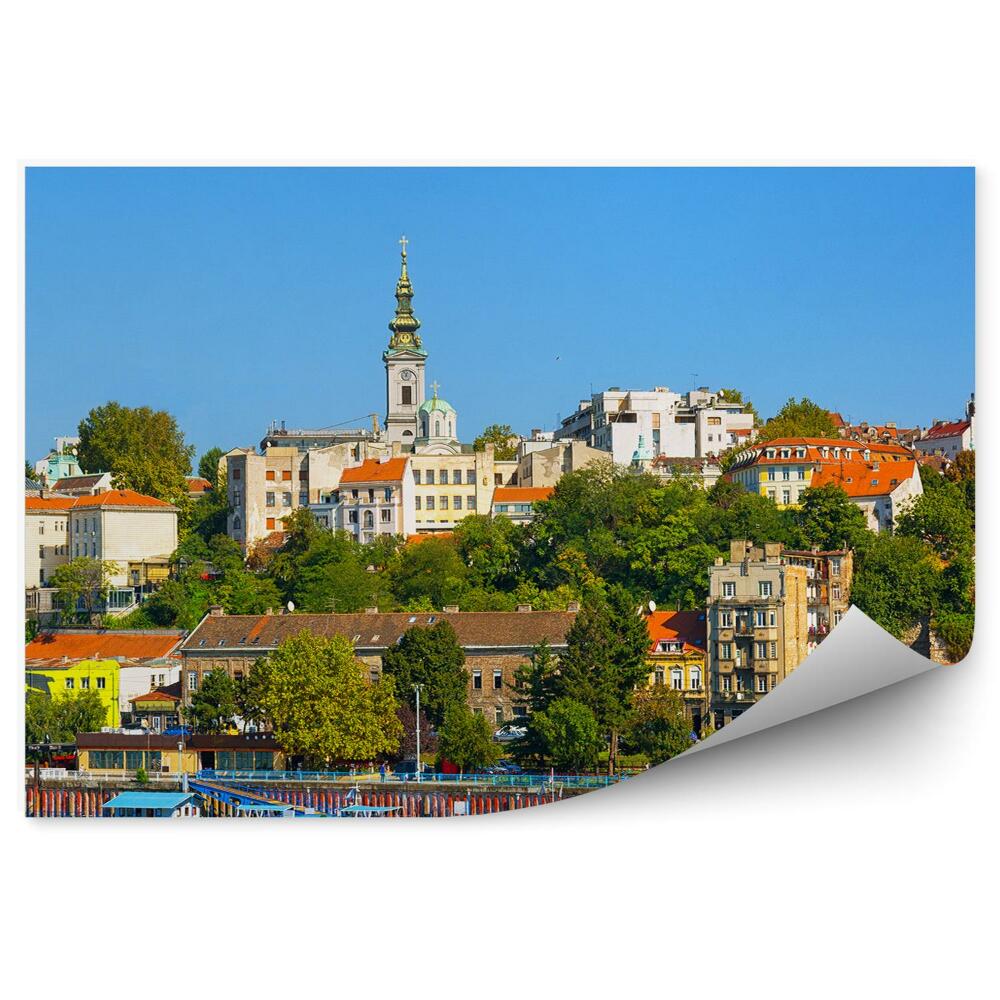 Fototapet perete Belgrad Râul Sava Oraș Panoramă Clădiri Iahturi Râu Cer Biserică